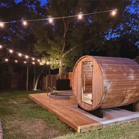 Sauna Patio Ideas, Sauna Jacuzzi Garden, Backyard Scandinavian Spa, Pool And Sauna Backyard, Outside Sauna And Hot Tub, Backyard Sauna Cold Plunge, Barrel Sauna Ideas, Barrel Sauna And Cold Plunge, Back Garden Sauna