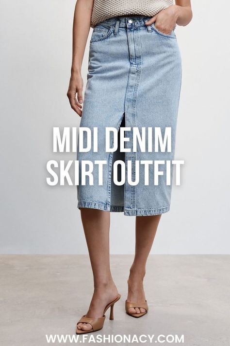 Midi Denim Skirt Outfit Denim Midi Skirt Outfit Summer, Midi Denim Skirt Outfit, Denim Skirt Outfit Ideas, Midi Skirt Outfits Summer, Denim Midi Skirt Outfit, Denim Skirt Outfit, Skirt Outfit Summer, Midi Denim Skirt, Skirt Outfit Ideas