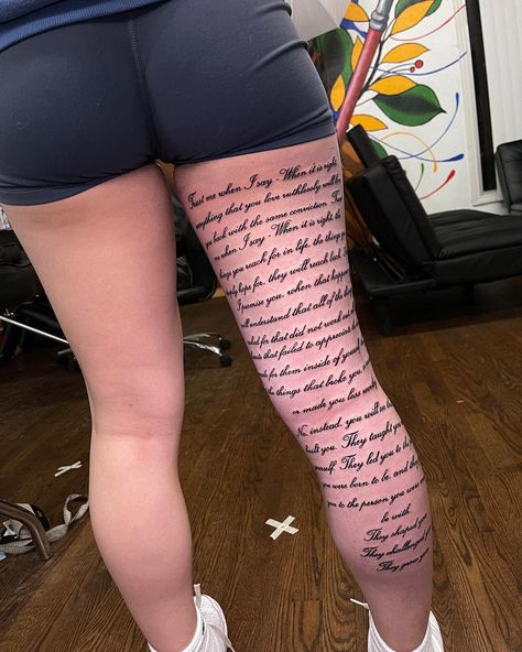 Alexander Ollison | B e a u t i f u l W o r d s did this big motivational lettering tattoo going down the backside of her thigh and lower leg really love how… | Instagram Back Of Leg Tattoos, Lower Leg Tattoos, Miami Tattoo, Lettering Tattoo, D Tattoo, Big Legs, Leg Tattoos Women, F U, Lower Leg