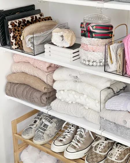 HOME \ closet shelf organizers from Amazon that I'm loving for a simple, modern and clean closet space. | SBK Living Winter Closet Organization, Organize Shelf, Open Book Shelf, Clean Closet, Shelf Closet, Home Closet, Closet Shelf, Closet Shelf Organization, Amazon Favorites