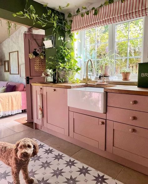 22 Fantastic Pink Room Ideas That Really Look Good Pink And Green Cabinets, Pink Kitchen Cottage, Green Kitchen With Pink Accents, Pink Cabnits Kitchen, Cottagecore Pink Kitchen, Pink Green And White Kitchen, All Pink Kitchen, Pink Green Kitchen Ideas, Pink Kitchen Cabinets With Butcher Block