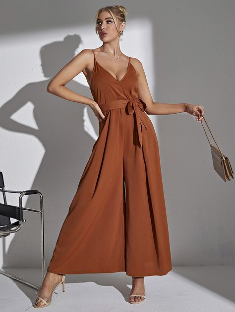 Burnt Orange Jumpsuit Outfit, Terracotta Jumpsuit Bridesmaid, Terracotta Jumpsuit, Brown Jumpsuit Outfit, Brown V-neck Jumpsuits And Rompers For Spring, Burnt Orange Jumpsuit, Spring Brown V-neck Jumpsuit, Mother Of The Bride Trouser Suits, Orange Jumpsuit