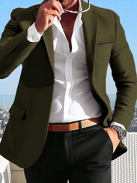 Army Green Casual Collar Long Sleeve Fabric Plain Regular Embellished Non-Stretch  Men Clothing Green Blazer Outfit Men, Blazer Men Casual, Green Blazer Outfit, Blazer Outfits Men, Mens Smart Casual Outfits, Boutique Suits, Mens Fashion Blazer, Dress Suits For Men, Mens Casual Dress Outfits