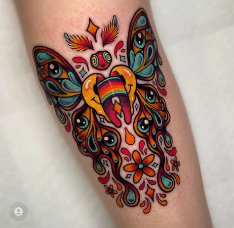 Abstract American Traditional Tattoo, Trippy Animal Tattoo, Trippy Traditional Tattoo, Trippy Tattoos Ideas Hippie, Colorful Arm Tattoos For Women, Psychadelic Tattoo, Acid Tattoo Ideas, 70s Tattoo Ideas, Edm Tattoo