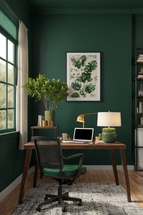 Discover the perfect wall paint color for deep greens in 2024 with Hunter Green (BM 2041-10). Create a forest retreat with this lush and inviting shade as part of your daily interior designer routine. #Ad #homedecor #homedesign #trendgirlApartment #Painthome #interiorarchitecture Wall Colors Green Room Colors
Bright Room office Colors
Apartment Renovation
Home office Remodeling
Modern Paint Colors
2024 Green Wall Decoration Ideas, Forest Green Study, Dark Green Room Paint, Green Office Interior Design, Forest Green Office Walls, Aesthetic Room Paint, Green Office Room, Emerald Green Wall Paint, Dark Green Painted Walls