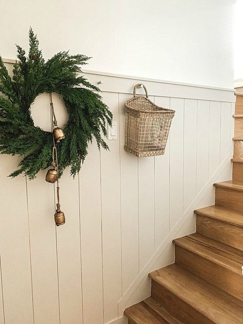 Beige Vertical Shiplap, Shiplap Stairwell, Shiplap Staircase, Stairwell Wall Ideas, Shiplap Hallway, Vertical Shiplap Wall, Shiplap Entryway, Farmhouse Rooms, Cloak Room