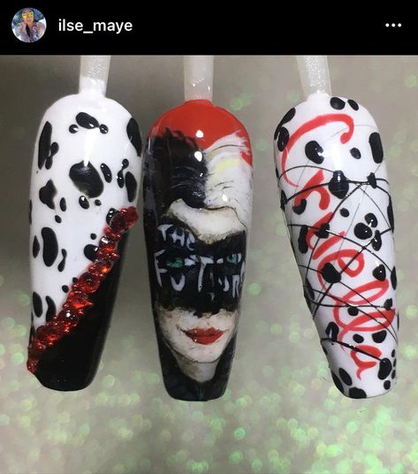 #cruellanails #manoalzadanails #thefuture #MNailS Cruella Nail Designs, Cruella Deville Nails, Cruella Nails, Valentines Nail, 2023 Nails, La Nails, Valentines Nails, Nail Ideas, Nail Inspo