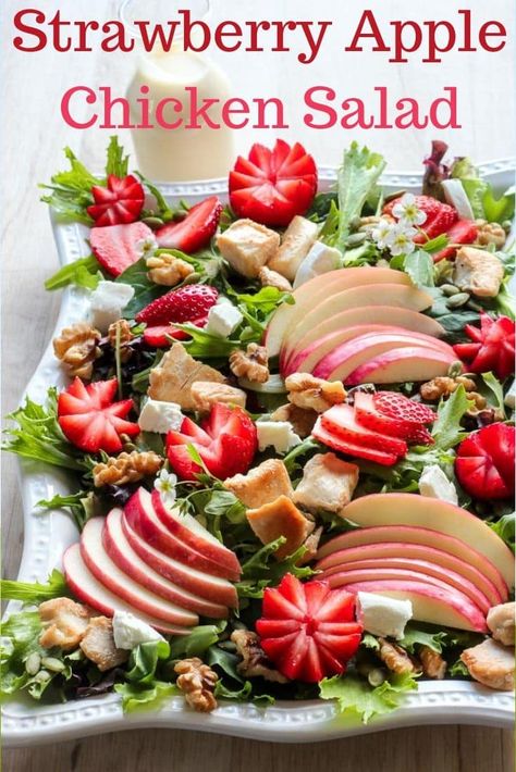 This Apple Strawberry Chicken salad is the BEST healthy salad you'll ever eat! Perfect for meal prep and you can use lettuce, kale arugula, spinach or whatever leafy green you have on hand. We even have suggestions for easy ingredient substitutions to save you money on groceries! The creamy maple dressing is completely addictive! Make it for lunch, dinner, for parties or as a simple side dish! If you love healthy salad with fruit and goat cheese, You'll love it! #salad #summer Summer Potluck Dishes, Strawberry Chicken, Maple Dressing, Strawberry Chicken Salad, Delicious Salad Dressings, Salad Summer, Super Salads, Apple Chicken, Cook Meals