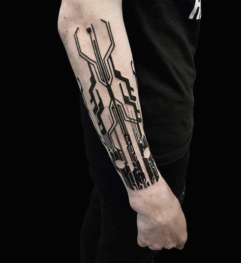 Tron Tattoo Ideas, Circuitry Tattoo, Sandevistan Tattoo, Mecha Tattoo, Moving On Tattoos, Geometric Tattoo Pattern, Tech Tattoo, Cyberpunk Tattoo, Surreal Tattoo