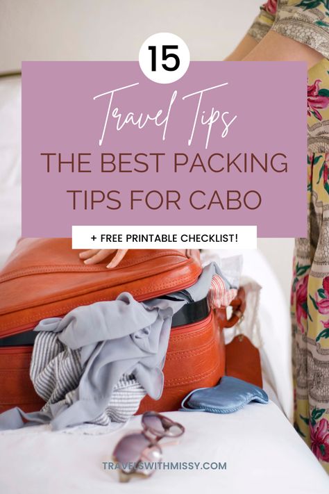 Packing for a vacation can sometimes be stressful. This is the only essential Cabo packing list you will need for your vacation to Mexico. Includes a free printable checklist! Cabo Packing List Mexico, Packing List Mexico, Vacation To Mexico, Mexico Packing List, Italy Travel Outfit, Mexico Itinerary, Usa Bucket List, Cabo Mexico, Mexico Travel Guides