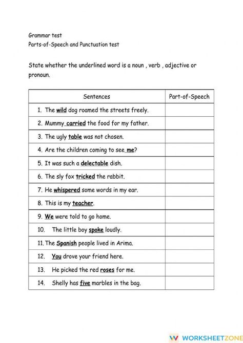 Parts Of Speech Test, Parts Of Speech Exercises, Parts Of Speech Sentences, Eight Parts Of Speech, Part Of Speech Grammar, Parts Of A Sentence, Punctuation Worksheets, Worksheets For Grade 3, Test Image