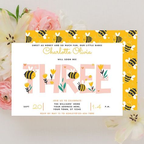 $2.65 | Cute Will Soon Bee Three Girl Floral 3rd Birthday | Birthday Invitations | girl, cute, bee birthday invitations, modern, for kids, animals, bee, 3rd, yellow, summer Bee Three Birthday Party, 3rd Birthday Invitation, Bee Birthday Party, Third Birthday Party, Kids Animals, Bee Pattern, Yellow Bee, Girl Birthday Themes, Simple Birthday