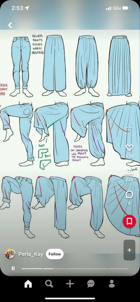 Pant Wrinkles Reference, Loose Pants Reference Drawing, Flowy Dress Art Reference, Baggy Pants Sketch, Baggy Pants Reference, Pjs Drawing, How To Draw Baggy Pants, Pajamas Drawing, Baggy Pants Drawing