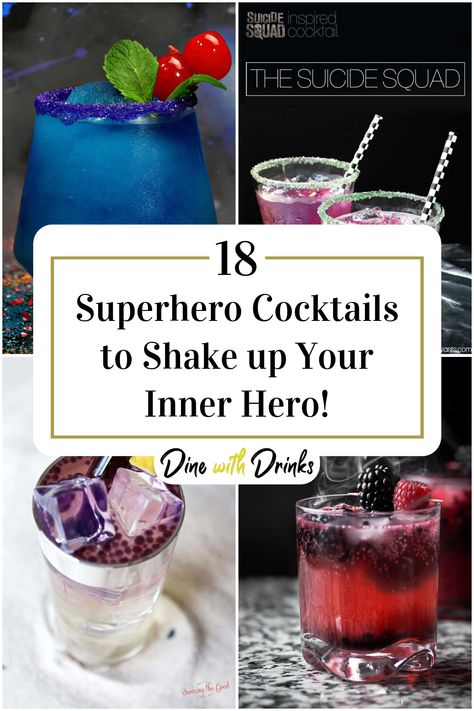 Collage of 4 superhero cocktails. Marvel Inspired Cocktails, Marvel Cocktails, Superman Drink, Superhero Drinks, Superhero Wedding Theme, Marvel Or Dc, Eat Drink Man Woman, Villains Party, Birthday Party Drinks