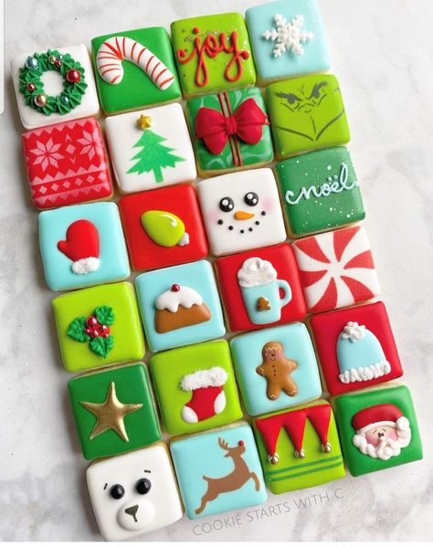 Noel Cookies, Royal Icing Christmas Cookies, Royal Icing Decorated Cookies, Christmas Cutout Cookies, Christmas Sugar Cookies Decorated, Square Cookies, Christmas Cutouts, Christmas Squares, Winter Cookie