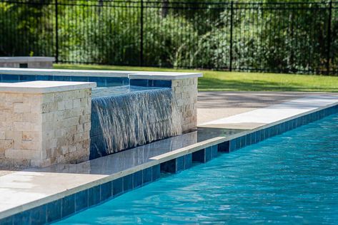 Raised Spa with Spillover Spill Over Spa Pools, Raised Spa With Spillover, Spa Spillover Into Pool, Spillover Spa, Spa Waterfall, Spa Tile, Dream Backyard Pool, Vinyl Pool, Pool Remodel