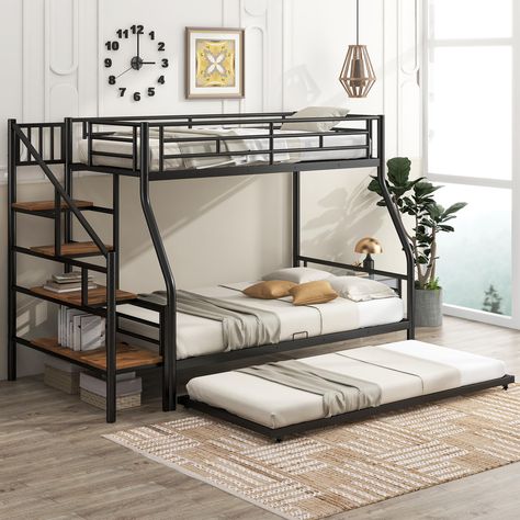 PRICES MAY VARY. 【Metal Bunk Beds for Kids】When there are lots of family members or a lot of kids then a twin over full size bunk bed could be just the right choice for the whole family.The space-saving bed makes full use of the vertical space,making it perfect for small rooms.It can be widely used in kid room,dorm,or guest room. 【Twin over Full Bunk bed with Trundle】Equipped with a twin size trundle bed is easy to create the extra sleep space when friends stay over.The trundle bed has 4 univers Trundle Storage, Beds Frame, Full Size Bunk Beds, Storage Staircase, Bunk Bed Frame, Metal Bunk Bed, Twin Over Full Bunk Bed, Full Bunk Bed, Bunk Beds With Storage