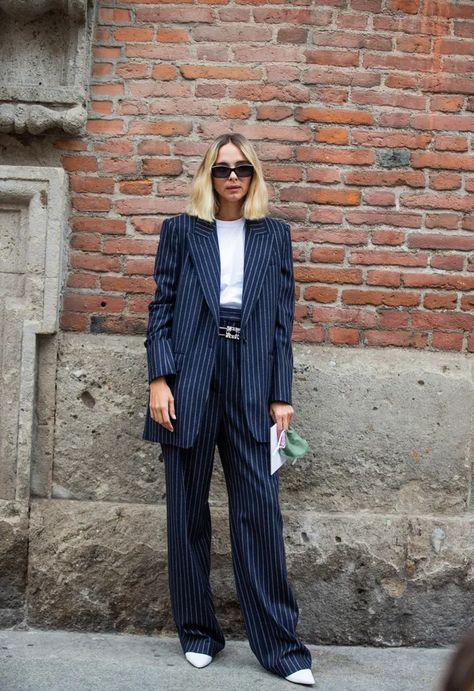 How To Wear A White T-Shirt: 8 Ways To Maximise The Wardrobe Staple | British Vogue Striped Blazer Outfit, Estilo Tomboy, Blazer Outfits For Women, Satin Trousers, Safari Jacket, Pinstripe Suit, Checked Blazer, Belted Jacket, Outfits Winter