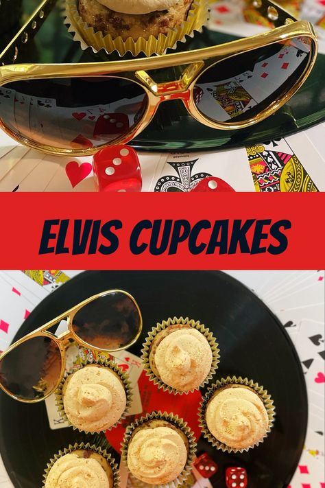 These Elvis Cupcakes were inspired by none other than the king of rock n’ roll himself, Elvis Presley and would be the perfect way to celebrate his birthday anniversary or serve at an Elvis themed party. Elvis Party Ideas, Elvis Themed Party, Elvis Cupcakes, Elvis Birthday Party, Elvis Presley's Birthday, Banana Bacon, Edible Gold Glitter, Elvis Birthday, Bacon Cupcakes