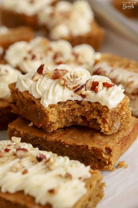 Stack of two carrot cake bars topped with cream cheese frosting and pecans. Carrot Cake Bars Recipe, Carrot Cake Cookies Recipe, Celebrating Sweets, Cake Treats, Cake Bars Recipe, Carrot Cake Bars, Carrot Cake Cookies, Fall Baking Recipes, Carrot Cake Cupcakes