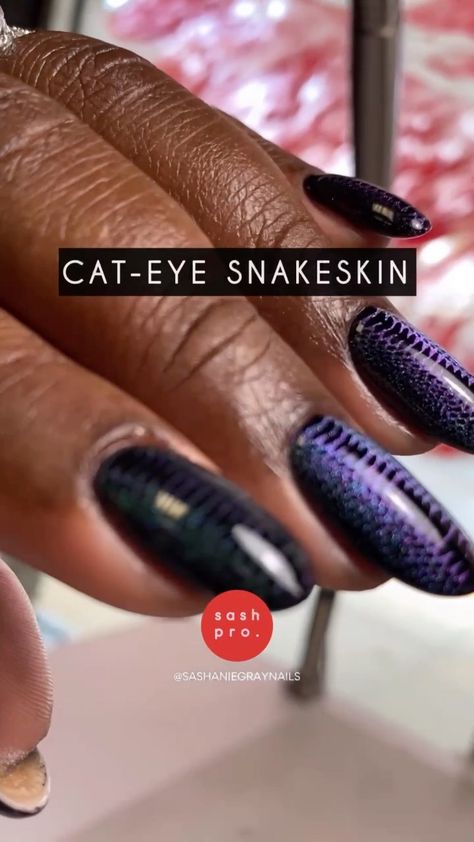 sashaniegraynails on Instagram: REEL-QUICK TUTORIAL: CAT-EYE SNAKESKIN⁣⁣ (get it? see what I did there? reel-quick?! 😂)⁣⁣ ⁣⁣ Products Used:⁣⁣ ⁣⁣ 1. @prestogel #60⁣⁣ 2.… Cat Eye Aura Nails, Black Cat Eye Nails, Nails By Skin Tone Range, Aura Nails, Black Cat Eye, Eye Nails, Instagram Reel, Black Cat Eyes, Cat Eye Nails