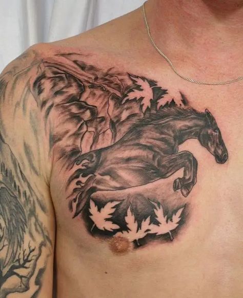 15 Spectacular Horse Tattoos and Their Symbolic Meanings - The Paws Running Horse Tattoo, Stallion Tattoo, Equine Tattoo, Small Horse Tattoo, Horse Tattoos, Tato Tradisional, Horse Tattoo Design, Tattoo Animal, Cool Chest Tattoos