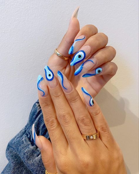 Pink And Blue Abstract Nails, Trippie Nails, Swirl Nails Black, Pink And White Swirl Nails, Black And White Swirl Nails, Nails Pink Swirl, Rainbow Swirl Nails, Abstract Line Nail Art, Gemini Nail Ideas