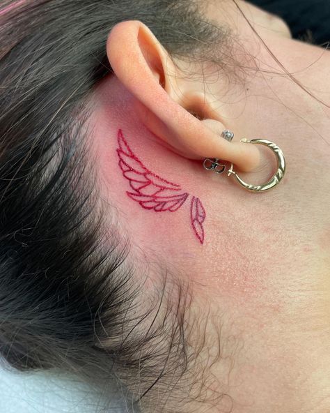 minimalist protection tattoo inspo Wings Tattoo Behind Ear, Wing Behind Ear Tattoo, Butterfly Wing Tattoo, Protection Tattoo, Tattoo Behind Ear, Hip Thigh Tattoos, Angel Wings Tattoo, Wing Tattoo, Thigh Tattoos