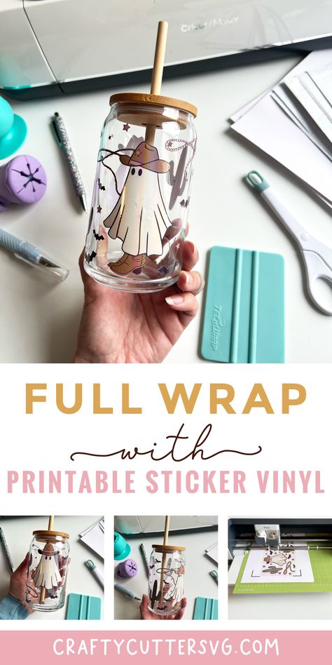 How To Make Cups With Vinyl Tumblers, How To Add Vinyl To Tumblers, Cricut Stickers For Cups, How To Make A Glass Can Wrap, How To Keep Vinyl From Peeling On Cups, Vinyl Cup Wrap Svg, Glass Cup Sublimation Ideas, How To Make Vinyl Cup Wraps, Cricut Vinyl Glass Cups