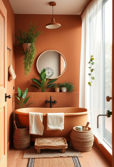 Add natural warmth to your bathroom with terracotta tones. Pair it with wood and greenery for a cozy, earthy vibe. #TerracottaBathroom #BathroomIdeas #WarmColors Small Bathroom Repaint, Bathroom Decor Terra Cotta, Bright Orange Bathroom, Half Bathroom Ideas Colorful, Colour Drench Bathroom, Peach And Green Bathroom, Light Orange Bathroom, Peach Color Bathroom, Apartment Paint Colors