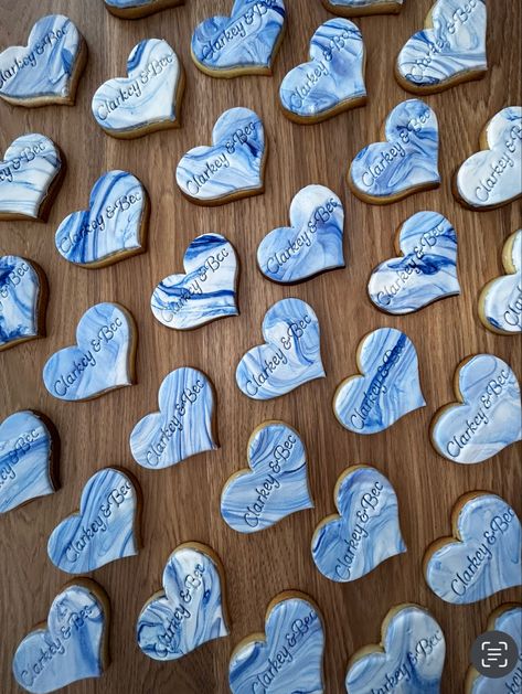 Blue Cookies Decorated, Engagement Party Dinner, Blue Macaroons, Shaped Sugar Cookies, Heart Sugar Cookies, Heart Shaped Sugar Cookies, Heart Sugar Cookie, Rose Gold Wedding Cakes, Custom Sugar Cookies