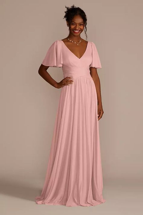 Flutter Sleeve Crisscross Mesh Bridesmaid Dress  | David's Bridal Mesh Bridesmaids Dress, Prom Accessories, Bridesmaid Dresses Prom, Book An Appointment, Brides And Bridesmaids, Davids Bridal, Mesh Dress, Flutter Sleeve, Bridesmaid Dress