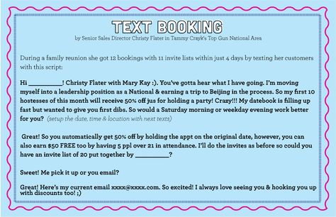 Mary Kay Booking Scripts Texts, Mary Kay Text Party Script, Mary Kay Referral, Mary Kay Booking Scripts, Mary Kay Scripts, Mary Kay Booking, Mary Kay Sales, Director Board, Mary Kay Hostess