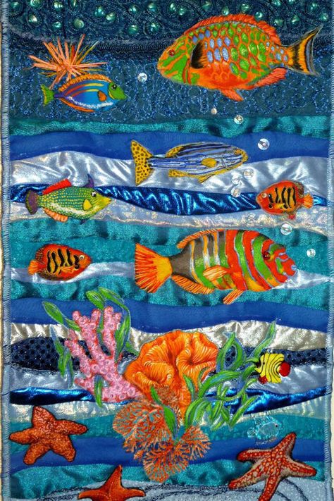 Fish Quilts, Seascape Quilts, Quilt Collage, Fish Collage, Themed Quilts, Collage Quilts, Ocean Quilt, Coastal Crafts, Quilted Projects