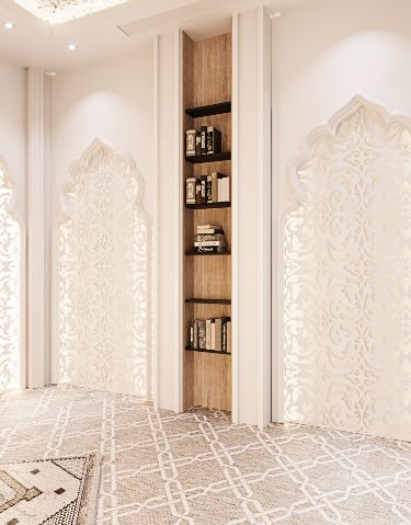 Islamic House Design Interiors, Islamic Prayer Room, Islamic Living Room, Pattern Interior Design, Arches Design, Arabic Living Room, Islamic Interior Design, Muslim Prayer Room Ideas, Prayer Room Ideas