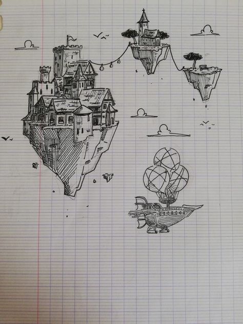 ☾~.~☕️follow me☕️~.~☾ Sky Island Drawing, Floating Land Drawing, Floating Island Drawing Simple, Floating House Drawing, Fantasy Sketch Ideas, Floating City Drawing, Floating Island Sketch, Flying Island Drawing, Drawing In Class Sketch