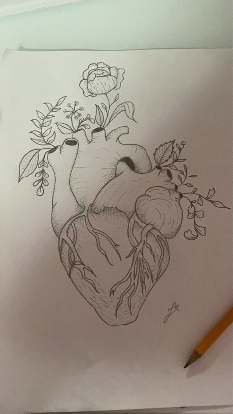 Hearts Realistic Drawing, Heart Drawings With Flowers, Art Sketchbook Heart, Flowers In Heart Drawing, Heart Drawings Ideas, Heart In Hands Drawing, Drawing Of A Heart With Flowers, Human Heart Drawing With Flowers, Blooming Heart Drawing