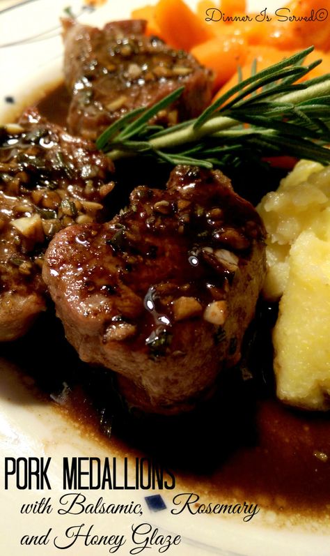 Pork Medallions with Balsamic, Rosemary and Honey Glaze Dinner Is Served Pork Fillet Recipes, Pork Medallion Recipes, Rosemary Honey, Pork Medallions, Pork Entrees, Balsamic Pork, Pork Fillet, Pork Loin Recipes, Pork Dinner