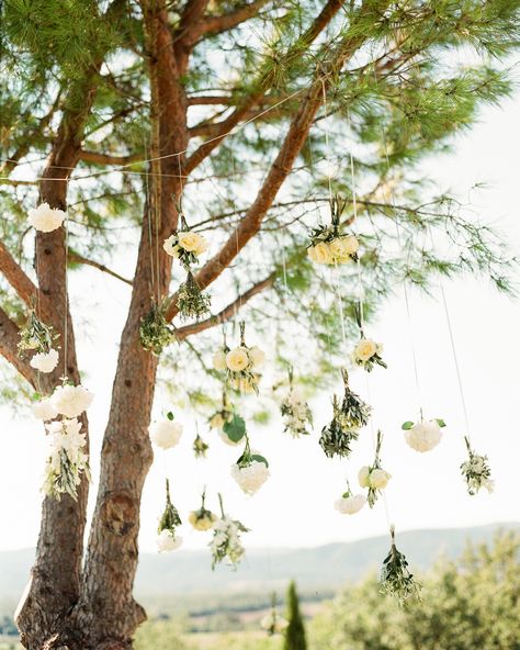 Taking a cue from nature, this couple used tree branches to hang a variety of flowers directly over the spot where they were to say their vows. Ceremony Decorations Outdoor, Wedding Tree Decorations, Hanging Wedding Decorations, Wedding Ceremony Decorations Outdoor, Weddings In Italy, Wedding Ceiling, Beautiful Outdoor Wedding, Garden Weddings Ceremony, Outdoor Wedding Inspiration