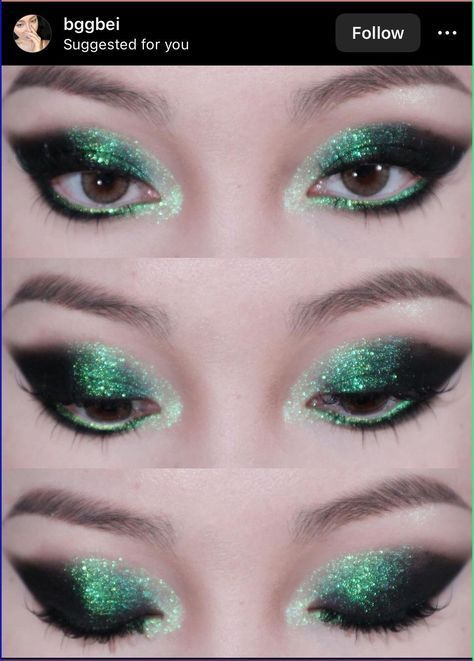 Dark Green Sparkly Makeup, Descendants Makeup Ideas, Jewel Tone Makeup Looks, Green Sparkly Makeup, Green Lipstick Looks, Green Alt Makeup, Green And Silver Makeup, Makeup Looks Color, Fun Eyeshadow Looks Colorful