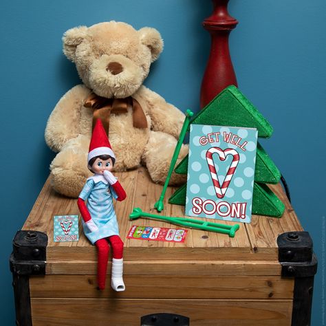 Get Well Soon | The Elf on the Shelf Cocoa Party, Elf Pets, Wooden Craft Sticks, Small Curtains, Elf Props, The Elf On The Shelf, Christmas Light Ornament, Elf Ideas, Elf On The Shelf Ideas