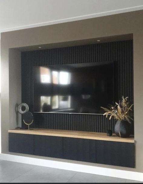 Morden Tv Cabinet Design, Black Slat Media Wall, Boys Media Wall, Black Tv Wall Living Room Modern, Industrial Media Wall, Morden Living Room Decor Ideas, Tv On Dark Wall, Black Tv Wall Ideas, Black Wood Tv Wall