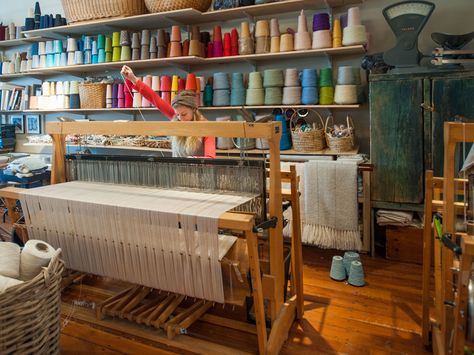 Mountain Weaving, Weaving Room, Fiber Studio, Weaving Studio, Textile Studio, Studio Weave, Floor Loom, Studio Build, Rigid Heddle Weaving