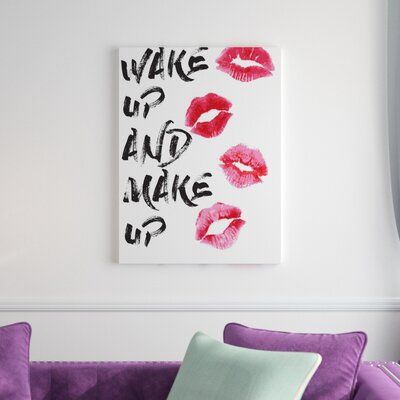 House of Hampton 'Wakeup Makeup Lipstick Kisses' Textual Art on Wrapped Canvas Makeup Painting Canvas, Makeup Canvas, Bathroom Canvas Art, Makeup Themes, Pink Canvas Art, Bathroom Canvas, Makeup Area, Diy Crafts For Teens, Future Room