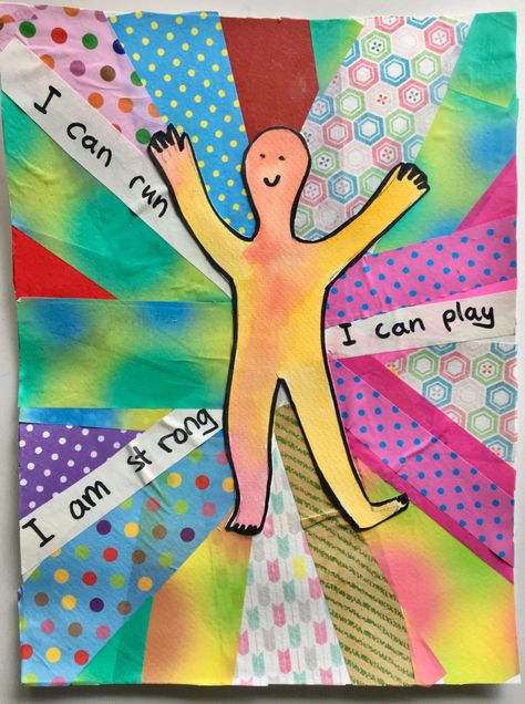 An art project that incorporates body positive affirmations and collage. Affirmation Crafts For Kids, Affirmation Art Projects, Emotion Art For Kids, Affirmation Crafts, Counseling Classroom, Body Positive Art, Body Image Art, Positive Affirmations For Kids, Body Positivity Art