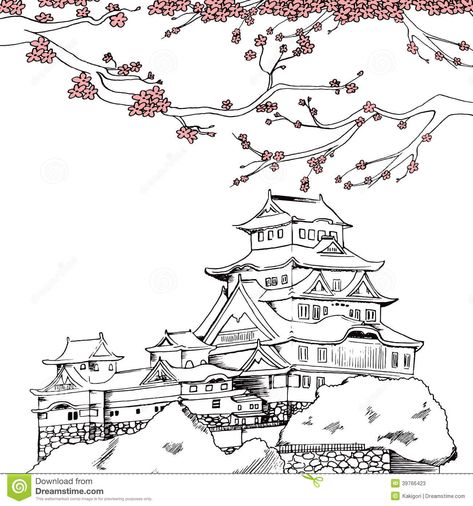 Japanese Sakura Drawing | art illustration of Japanese Himeji castle at spring with pink sakura ... Himeji Castle Drawing, Japan Line Art, Japanese Castle Drawing, Japanese Architecture Drawings, Sakura Drawing, Bullet Journal Japan, Japan Sketch, Japanese Fish Tattoo, Japan Drawing