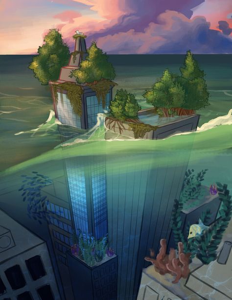 ArtStation - Concept Art - Sunken City, Kat Nowak Sunken City Art, Sunken City Aesthetic, Swamp Town Concept Art, Underwater Buildings Art, Sunken City Concept Art, Flooded City Concept Art, Floating City Water, Water City Concept Art, Underwater City Drawing