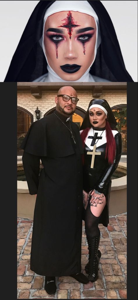 Scary Priest Makeup, Nun Couples Costume, Scary Nun Makeup, Couples Scary Halloween Costume Ideas, Creepy Couple Costumes, Couples Costumes Scary, Horror Couples Costumes, Halloween Costume For Couples, Costume For Couples