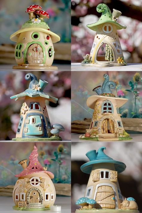 Fairy Houses Ceramic, Ceramics Fairy House, Clay Tree House, Fairy House Diy Clay, Mushroom House Ceramic, Ceramic Fairy Houses Handmade, Pottery Fairy Houses Handmade, Air Dry Clay Houses Diy, Clay Bird Houses