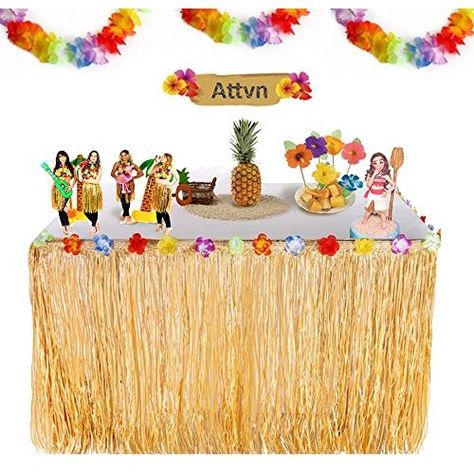 Attvn Falda de Mesa Luau Hawaiana - 9,6ft Tropical Hawaiian Mantel Rafia Falda de Mesa con 26 Flores de Seda Faux para Barbacoa Verano Tropical Tiki Beach Jardín Cumpleaños Vaiana Decoración de Fiesta Tiki Party Decorations, Hawaii Party Decorations, Hawaiian Party Decorations, Summer Party Themes, Hawaiian Luau Party, Fiesta Tropical, Hawaii Party, Garden Beach, Picnic Birthday